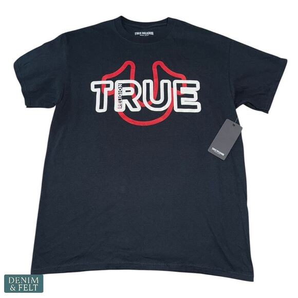 True Religion HS Logo Graphic Black Short Sleeve Crewneck Tee Shirt Size L NEW - Picture 1 of 6